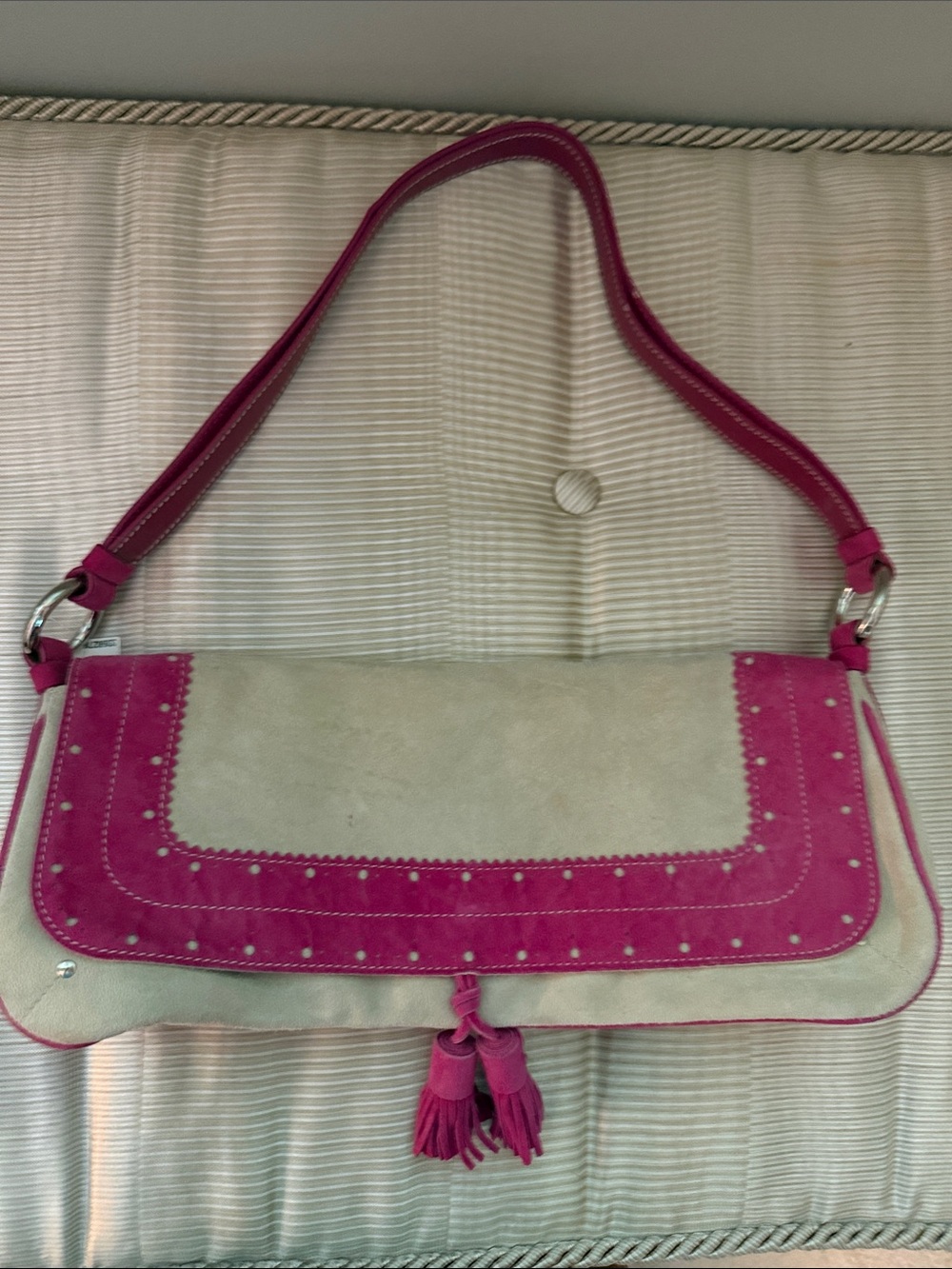 Burberry Pink and Cream Suede Shoulder Bag with Tassel Detail
